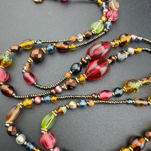 Vintage Multicolor Glass Bead Necklace Long Strand With Gold-Tone Accents Boho S - Picture 9 of 11